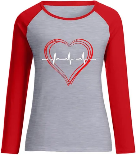 Vista 3 de Valentine Pullover Tops for Women Heartbeat Heart Graphic Sweatshirts Long Sleeve Tee Casual Raglan Baseball Sweatshirt