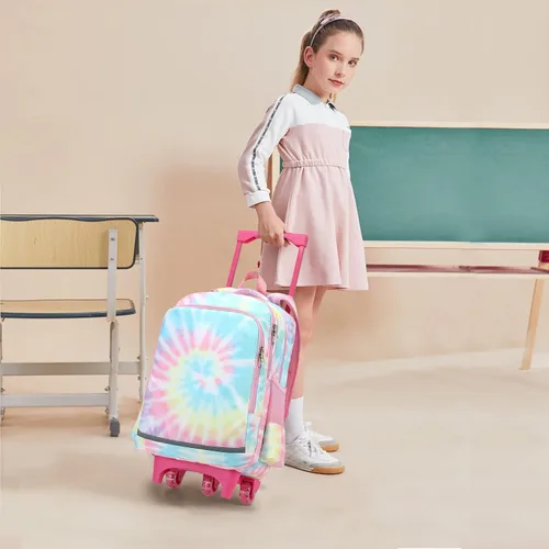 Vista 4 de CAMTOP Mochila con ruedas para niñas, bolsa de viaje con ruedas, mochila de equipaje con ruedas, Rosado Tie Dye