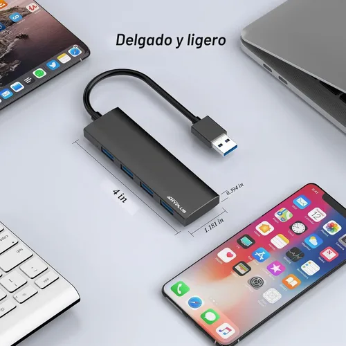 Vista 7 de Concentrador USB, concentrador USB 3.0 de aleación de aluminio ultra delgado divisor USB, extensor USB portátil de 4 puertos, concentrador USB
