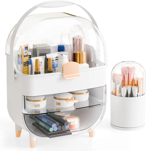 Vista 8 de Yieach Organizador de maquillaje de encimera para tocador, organizador de cuidado de la piel de gran capacidad con cajones y soporte para brochas