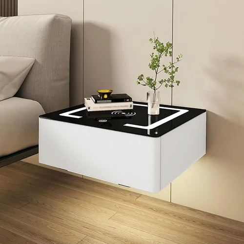 Vista 2 de Moderna mesita de noche flotante con cajón, mesita de noche montada en la pared, mesita de noche inteligente, mesita de noche LED inteligente con 1