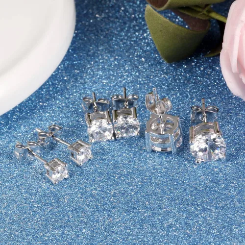 Vista 4 de Pendientes de tuerca de acero de titanio chapado en platino princesa 3A Rhinestone para mujer
