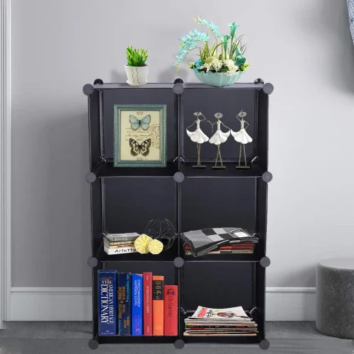 Vista 2 de Organizador de armario de almacenamiento de 6 cubos, portátil, multifuncional, ensamblado, cubos negros, estantería, estantería (negro)