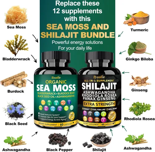 Vista 2 de Paquete de Musgo Marino y Shilajit de Bualle - Musgo Marino 300mg, Aceite de Semilla Negra 100mg, Ashwagandha 50mg, Jengibre y Shilajit 300mg
