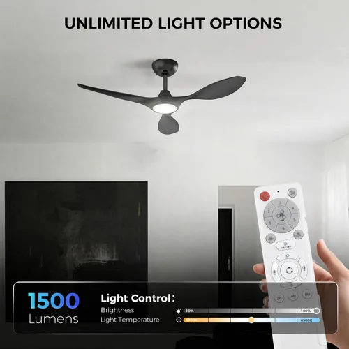 Vista 3 de Roomratv Ventiladores de techo con luces y control remoto, motor CC reversible silencioso y silencioso, 6 velocidades, temporizadores, 3 CCT, uso