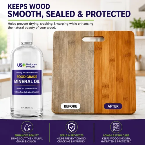 Vista 4 de US+ Aceite mineral 100% puro de 32 onzas, aceite para tablas de cortar, grado alimenticio, USP, restaura y protege tablas de cortar, bloques