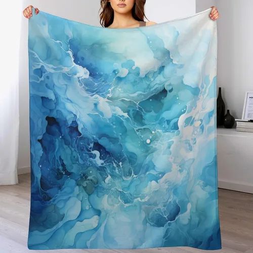 Vista 7 de Manta abstracta de acuarela azul mar, verde, menta, azul marino, pintura abstracta del océano, manta suave de 30 x 40 pulgadas, manta ligera