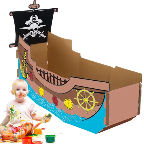 Vista 4 de Eaasty Colorear barco pirata de cartón, barco de cartón, casa de juegos para niños, manualidades, bricolaje, niños grandes, casa de juegos al aire