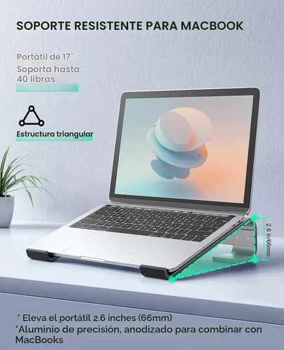 Vista 6 de Soporte para laptop para escritorio, soporte para MacBook SOQOOL resistente, soporte para laptop ergonómico ventilado de aluminio compatible