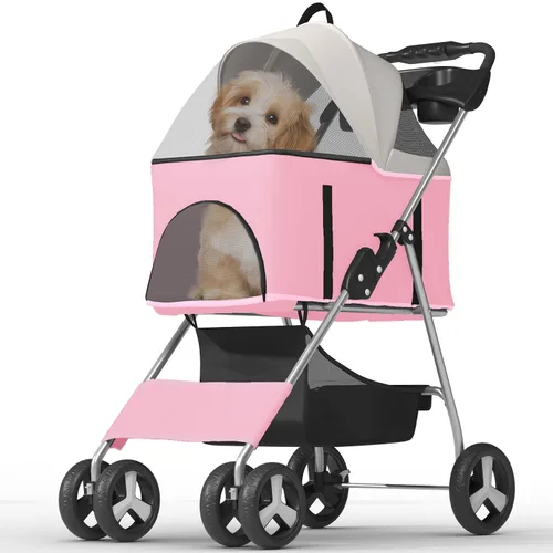 Vista 14 de OS MOTOR - Carriola para mascotas con 3 ruedas para mascotas pequeñas/medianas, portavasos plegable y portátil para perro gato cachorro gatito