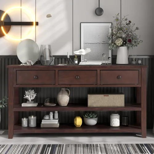 Vista 12 de GDFStudio Trexme - Mesa consola rectangular de madera de 50 pulgadas de largo con tres cajones de almacenamiento y dos estantes abiertos, mesa