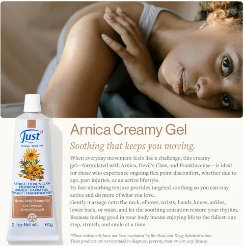 Vista 2 de Swiss Just Arnica Gel, Gel cremoso de árnica, 2.12 oz. Crema de árnica con garra de diablo y aceite de incienso. Una crema de masaje suave