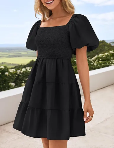 Vista 7 de ZESICA Mini vestido corto de verano bohemio 2025 con cuello cuadrado, manga abombada, hombros descubiertos, fruncido, escalonado, casual