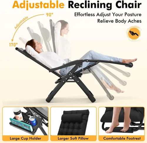 Vista 4 de Slendor Sillas de gravedad cero de gran tamaño XXL, silla reclinable Negro