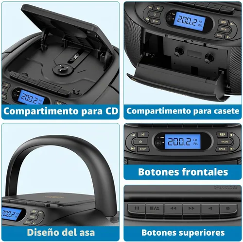 Vista 4 de Reproductor de CD y Cinta Combo, Hernpark Boombox Recargable con Bluetooth 5.1, Grabación de Cinta, Radio FM, Super Bass, Sonido Estéreo, Entrada