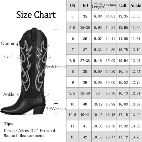 Vista 6 de Ouepiano Botas vaqueras para mujer, botas de vaquera con diamantes de imitación brillantes, punta de almendra, tacón bajo, meter, Westerm, a