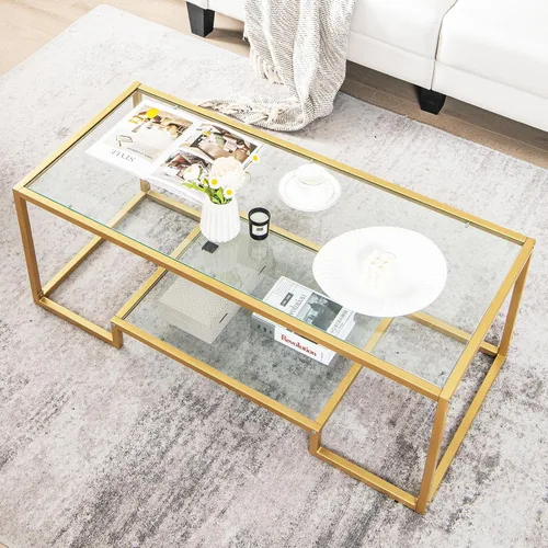 Vista 4 de COSTWAY Mesa auxiliar de cristal de 45 pulgadas, mesa decorativa rectangular de 2 niveles con estante de almacenamiento y marco de metal dorado