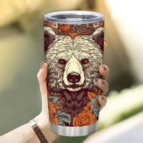 Vista 3 de Hyturtle Regalos personalizados para amantes de los osos – Vaso de acero inoxidable impreso con nombre floral personalizado de 20 onzas con tapa