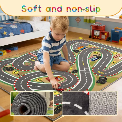 Vista 2 de Alfombra de juego para niños de 31 x 47 pulgadas, suave y antideslizante, alfombra de coche de mapa, alfombra para niños, autos de juguete, pista