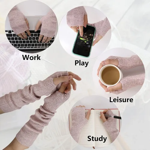 Vista 26 de Facecozy Calentadores de brazos para mujer, mezcla de lana de cachemira, guantes largos sin dedos para mujer, guantes para clima frío con agujero