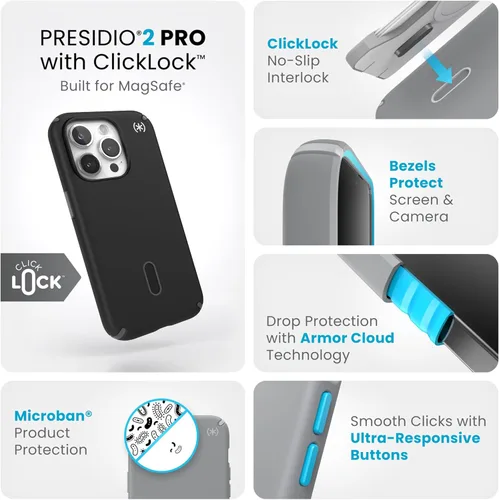 Vista 3 de Speck Funda para iPhone 15 Pro - Presidio2 Pro - Funda con bloqueo antideslizante ClickLock, diseñada para MagSafe, protección contra caídas