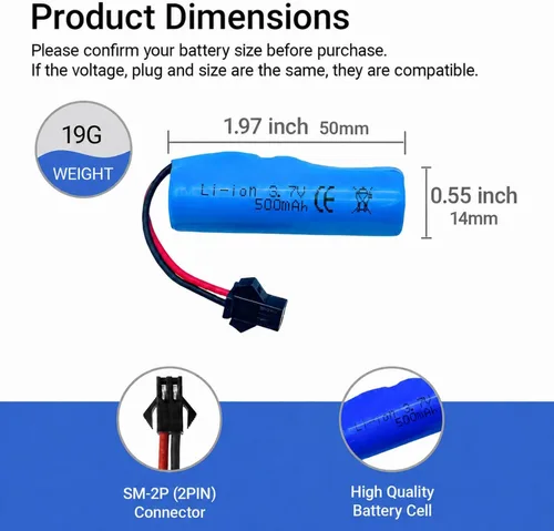 Vista 2 de Batería recargable de iones de litio de 3.7 V 500 mAh, enchufe SM-2P para auto de acrobacias RC de doble cara, pequeño bote a control remoto