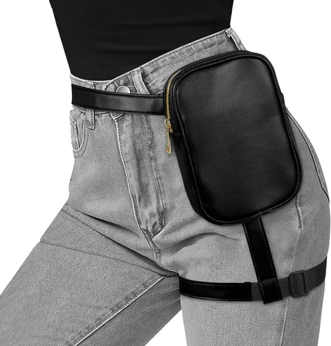 Vista 5 de JASGOOD Riñonera con arnés de muslo para mujer, bolsa de pierna caída, traje de Halloween, A-negro