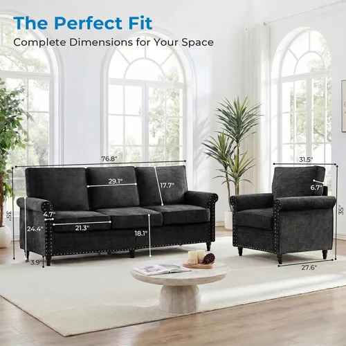 Vista 2 de Mjkone Juego de 2 piezas para sala de estar, juego de sofá y silla de chenilla, moderno juego de muebles de sofá con marco y patas de madera, cojín