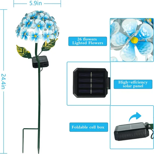 Vista 5 de Hortensia solar con 26 luces LED, estaca de metal para tierra, 3 colores, decoración de estaca de flores para exteriores (azul)