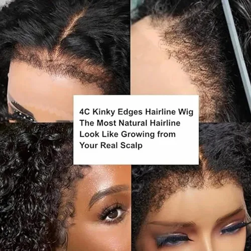 Vista 3 de Peluca negra Kinkycurly con borde 4C, cabello humano 4x4 HD encaje afro rizado cierre peluca para mujeres negras encaje precortado sin pegamento