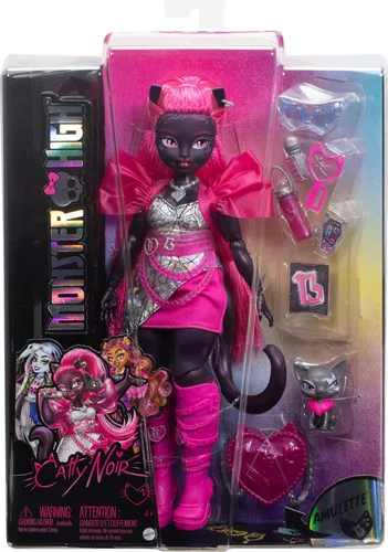 Vista 6 de Muñeca Monster High Catty Noir con gato mascota Amulette y accesorios como mochila, libro de música, micrófono y más