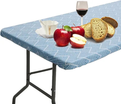 Vista 2 de Zhenrui Mantel rectangular elástico ajustable de 6 pies, cubierta de vinilo impermeable a prueba de derrames, diseño de ondas azules impresas