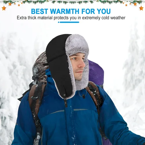 Vista 7 de POL PARKMAN Sombrero de trampero de invierno para hombres y mujeres, sombrero de aviador ruso Ushanka cálido frío para esquí, caza, negro, Negro