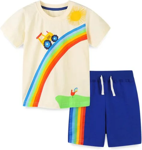 Vista 4 de Conjunto corto de algodón para niños pequeños, camiseta y camiseta de manga corta, 2 piezas Patrón de animales de dibujos animados.