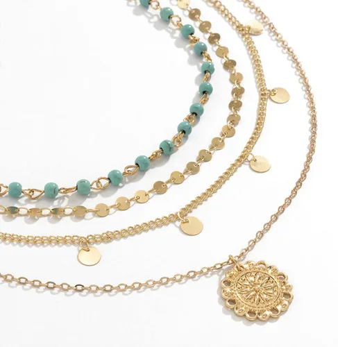 Vista 6 de Collar de oro para mujer, juego de collares de moda en capas, collar bohemio con cuentas de turquesa, collar largo con dije de moneda, collar