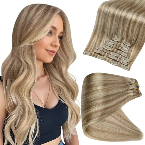 Vista 26 de Full Shine Extensiones de Cabello Rubio con Clip Reflejos Cabello Humano Extensiones con Clip Rubio Ceniza Mezcla Rubio Decolorado PU Extensiones