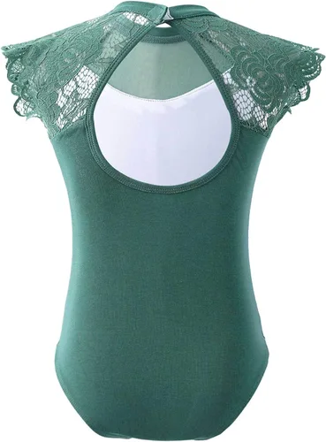 Vista 2 de JEATHA Leotardos de ballet para niñas, camisetas de baile, bailarina, encaje floral, con botones, entrepierna verde ( Bean Green )