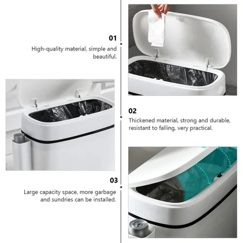 Vista 5 de LIFKOME Tapa de cubo de basura de capacidad de 14 litros, cesta de basura pequeña para baño, cocina, plástico blanco, impermeable, resistente, fácil