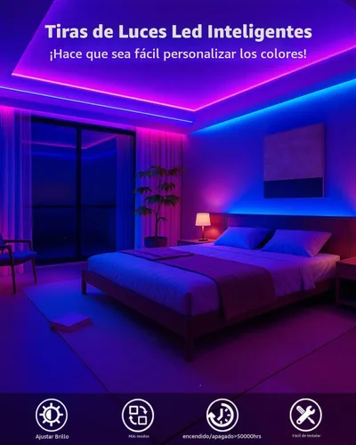 Vista 4 de Tiras de Luces LED Inteligentes de 50 Pies para Dormitorio, Control por Aplicación, Iluminación para Dormitorio, Decoración de Habitación