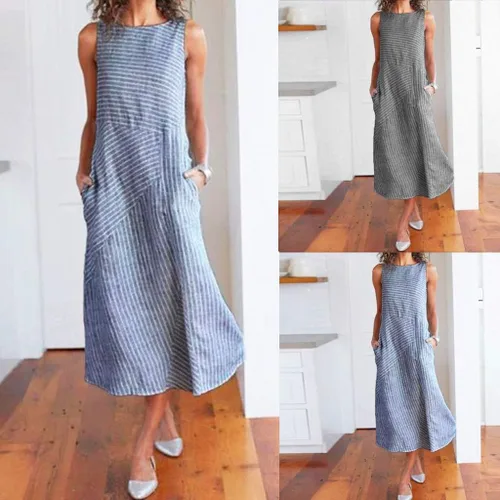 Vista 27 de Vestido de manga larga para mujer, casual, de algodón, lino, con botones, maxivestidos tipo caftán, blanco y azul