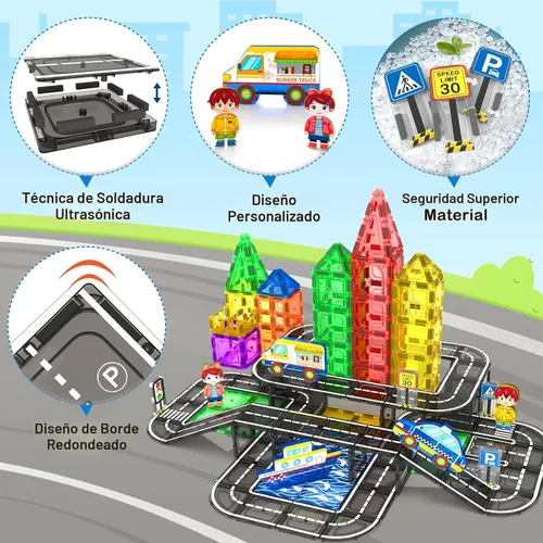 Vista 4 de Juego de 112 piezas de azulejos magnéticos para carretera con colores vibrantes y fuerza ultra magnética, bloques de construcción de carreteras