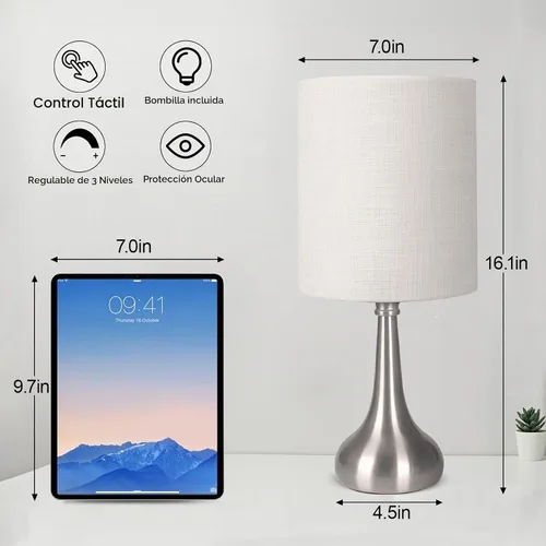 Vista 2 de Lámpara de mesa con control táctil, lámpara de noche regulable de 3 vías, lámpara de luz simple con pantalla de lámpara blanca y base de metal
