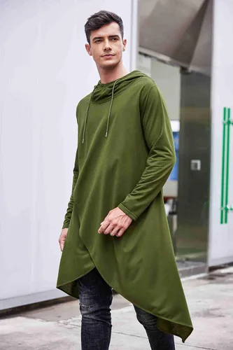 Vista 2 de COOFANDY Poncho con capucha para hombre, estilo casual, dobladillo asimétrico, sudadera con capucha