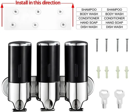 Vista 3 de Dispensador de jabón montado en la pared sin taladro Paquete de 3 de 500ml para baño y cocina, dispensador de champú y acondicionador sin taladro
