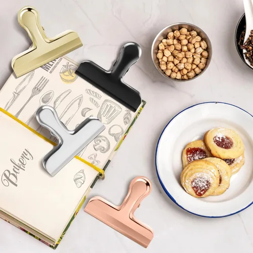Vista 6 de Pinzas para bolsas, clips de acero inoxidable resistentes, paquete de 8, gran cierre para bolsas de alimentos, ideal para sellar bolsas de café Negro