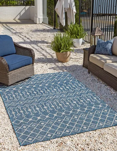 Vista 17 de Unique Loom Outdoor Trellis Collection - Alfombra de área con diseño de enrejado tribal (2 pies 2 pulgadas x 3 pies 1 pulgada, ovalada, azul/marfil)