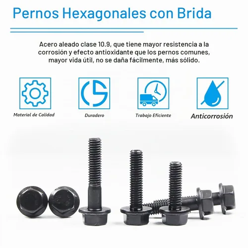 Vista 4 de M6-1.0 x 16 mm Pernos de cabeza hexagonal con brida, tornillos hexagonales de brida, acabado negro Clase 10.9, acero de aleación, totalmente