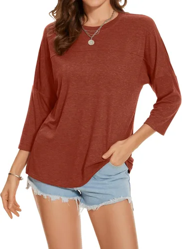 Vista 65 de ZENNILO Camisetas casuales de manga 3/4 para mujer, holgadas, cuello redondo, lindas camisetas básicas