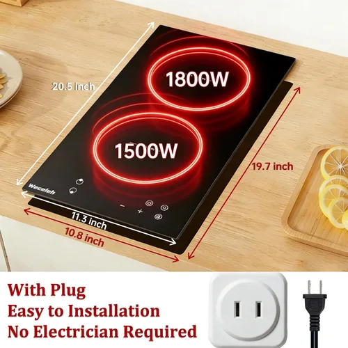 Vista 4 de Placa de cocción de inducción dual de 2 quemadores, estufa eléctrica de 12 pulgadas, control táctil, bloqueo de seguridad para niños, 9 niveles
