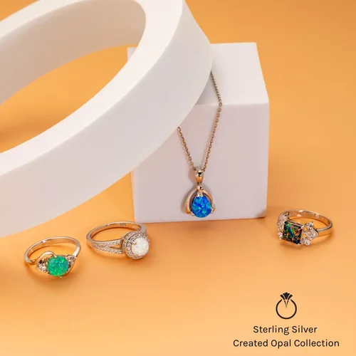 Vista 5 de Anillo de ópalo creado, plata esterlina con 3 gemas, 1.75 quilates, tamaños 5 a 9.